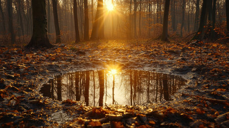 A serene forest scene showcasing a puddle reflecting the warm sunlight amidst colorful autumn leaves, creating a calming and picturesque atmosphere in nature.の素材