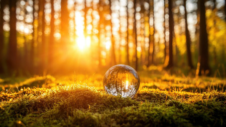 A stunning nature scene featuring a crystal glass sphere reflecting warm sunlight through serene forest trees. The golden hour light casts a magical glow on mossy ground.の素材