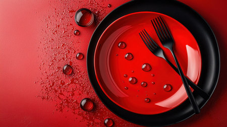 A striking image featuring a vibrant red plate adorned with water droplets, complemented by sleek black cutlery, creating an elegant dining aesthetic on a vivid backdrop.の素材