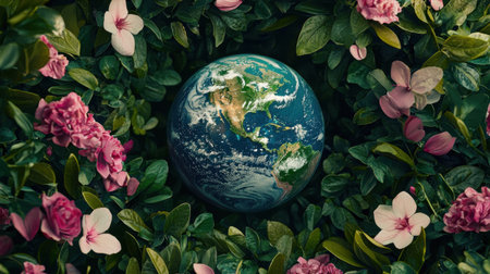 A stunning view of Earth surrounded by vibrant pink flowers and lush green leaves, highlighting the beauty of nature and the importance of environmental conservation.の素材