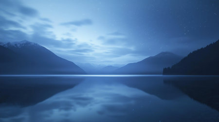 A stunning moonlit landscape showcases a tranquil lake surrounded by misty mountains under a starry sky. This serene scene evokes a sense of peace and reflection.の素材