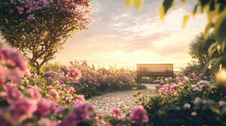 A picturesque garden pathway adorned with vibrant blooming flowers leads to a tranquil wooden bench, bathed in warm sunset light, perfect for relaxation.の素材