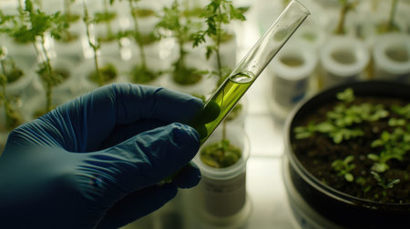 A researcher holds a test tube containing vibrant green liquid, symbolizing plant growth and experimentation in a laboratory setting filled with seedlings.の素材