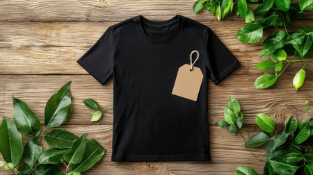 A black t-shirt rests on a rustic wooden surface with vibrant green leaves surrounding it. A blank tag is attached, perfect for branding or mockup use.の素材
