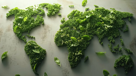 This artistic representation of a world map made from green foliage and leaves symbolizes environmental awareness and the importance of sustainability for our planet.の素材