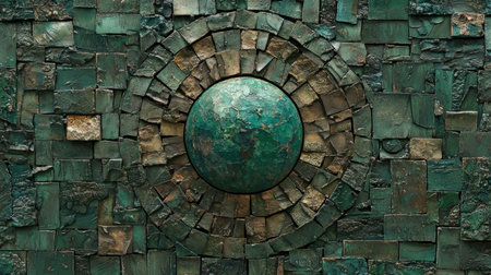 This intricate green mosaic features a central sphere embedded in a textured tile design, evoking nature's beauty and offering an artistic touch for any space.の素材