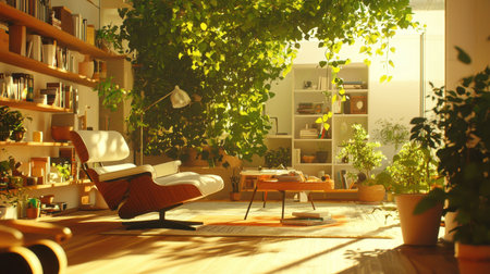 A beautifully designed indoor space featuring modern furniture, lush greenery, and abundant natural light, creating a tranquil atmosphere perfect for relaxation and inspiration.の素材