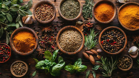 Discover a vibrant collection of herbs and spices displayed in rustic wooden bowls. This image captures the essence of culinary creativity and natural flavors.の素材