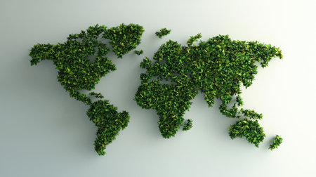 A captivating representation of a world map constructed from lush green leaves, emphasizing themes of sustainability, environmental protection, and natural beauty.の素材