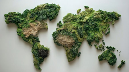 A stunning representation of a world map made entirely from various shades and textures of greenery, symbolizing the beauty and diversity of our planet's ecosystems.の素材