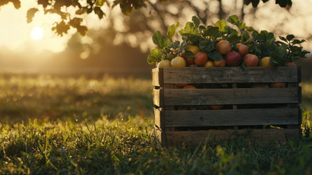 A wooden crate filled with an assortment of freshly harvested apples rests on lush green grass, capturing the serene atmosphere of a rural landscape at sunset.の素材