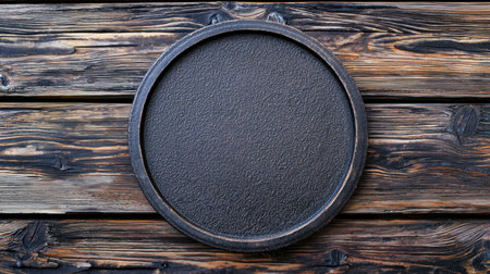 A circular textured surface rests on a rustic wooden background, embodying elegance and simplicity, suitable for culinary or artistic displays in photography.の素材