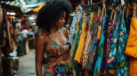A woman explores a lively market filled with vibrant textiles and patterns, showcasing the richness of African fashion and culture in a bustling atmosphere.の素材