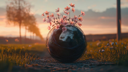 A striking globe adorned with delicate flower blossoms captures the essence of harmony between nature and environment, set against a stunning sunset landscape.の素材