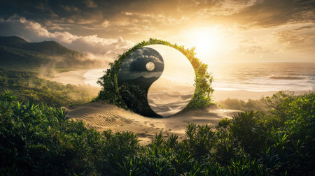 A stunning natural scene featuring the yin yang symbol made of lush foliage, set against a peaceful beach and ocean backdrop at sunrise, evoking harmony and tranquility.の素材