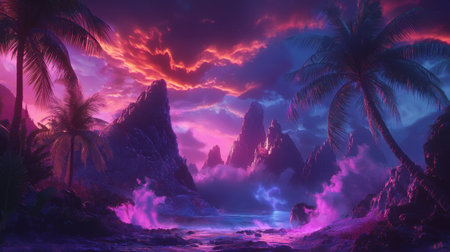 Explore a mesmerizing tropical landscape filled with vibrant colors, dramatic skies, and lush palm trees, creating a serene environment perfect for breathtaking moments.の素材