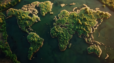 Explore the breathtaking beauty of a world map formed by lush green forests amidst clear waters, embodying the essence of nature and environmental sustainability.の素材