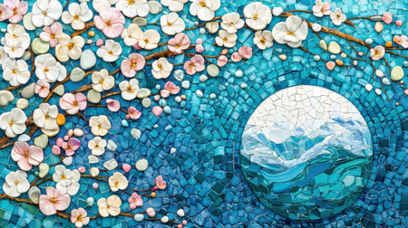 This captivating mosaic art features delicate cherry blossoms and stunning ocean waves, showcasing vibrant colors and intricate details, ideal for home decor or artistic inspiration.の素材