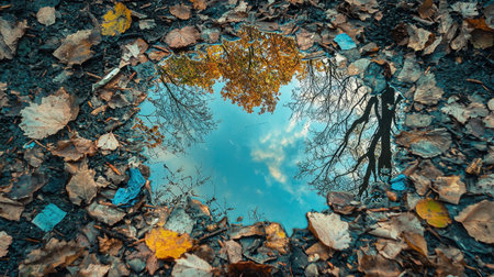 A serene puddle reflects the crisp autumn sky and tree silhouettes, surrounded by colorful leaves, creating a tranquil nature scene filled with beauty and calm.の素材