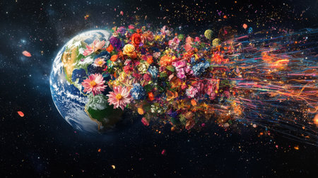 This stunning image depicts a vibrant explosion of flowers emanating from Earth in a cosmic setting, showcasing a blend of nature and imaginative artistry in space.の素材