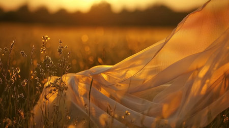 A captivating scene of soft golden fabric flowing in a serene open field at sunset, surrounded by delicate wildflowers and warm sunlight, evoking tranquility and beauty.の素材