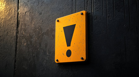 A bright yellow warning sign with a bold exclamation mark, placed on a clean black background.の素材