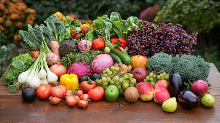 A natural kitchen scene with a variety of fresh vegetables and fruits spread across a wooden tableの素材
