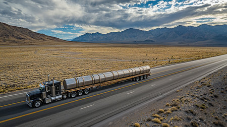 A long truck hauling cylindrical cargo on an open highway, captured from an aerial perspective.の素材
