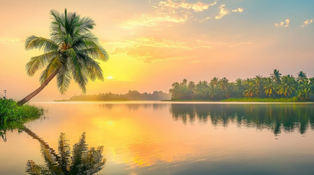 A lush green palm tree by a tranquil lagoon, reflecting the warm hues of a golden tropical sunset.の素材