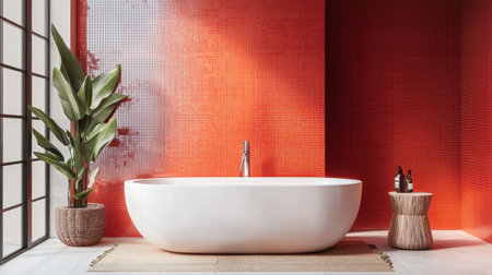 A modern bathroom with bold orange tiles, a white bathtub, and decorative accents for a trendy lookの素材