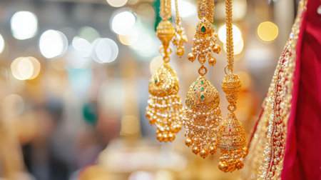 A close-up of golden jewelry worn with a traditional Thai wedding dress, showcasing cultural elegance.の素材