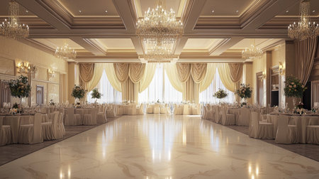 A luxurious ballroom with an intricate chandelier hanging from a high ceiling, radiating elegance.の素材