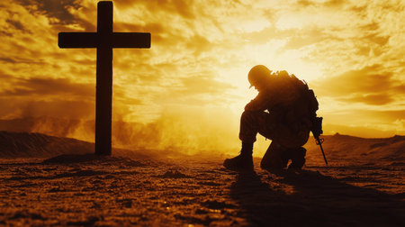 A lone soldier kneeling in front of a wooden cross as the sky glows with warm, dramatic sunset hues.の素材