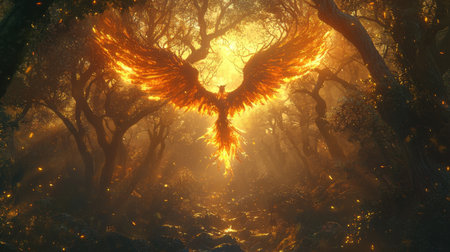 An awe-inspiring phoenix emerges from an enchanted forest, illuminated by vibrant flames and ethereal light. This captivating scene symbolizes transformation and beauty.の素材