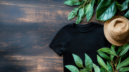 A casual black t-shirt elegantly placed among vibrant green leaves and a straw hat on a rustic wooden surface, offering a stylish, relaxed summer vibe.の素材