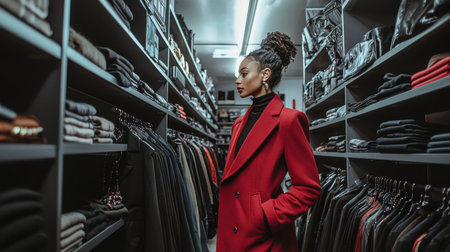 A fashionable woman in a stunning red coat stands gracefully in a well-organized wardrobe, contemplating style choices among luxurious clothing and accessories.の素材