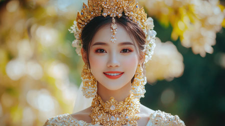 A Thai bride wearing a traditional silk wedding gown with elaborate gold jewelry, smiling gracefully.の素材