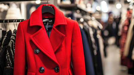 A vibrant red coat on display in a modern retail setting. This stylish outerwear piece captures attention in a chic shopping atmosphere, perfect for winter fashion.の素材