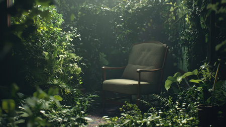 A serene green chair sits enveloped by lush foliage in a tranquil indoor garden space, inviting moments of relaxation and peaceful solitude amidst nature's beauty.の素材