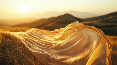 A serene scene featuring a soft golden fabric cascading over lush grassland, illuminated by warm sunlight at sunrise, creating a captivating and tranquil atmosphere.の素材
