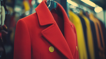 A stunning, bright red coat beautifully displayed on a hanger, emphasizing its fashionable appeal in a colorful clothing store perfect for winter attire.の素材