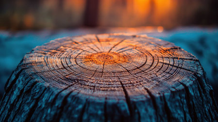 A close-up view of a tree stump reveals intricate grain patterns illuminated by warm sunset lighting, creating a peaceful and serene atmosphere in nature.の素材