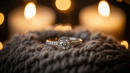 A stunning diamond engagement ring elegantly rests on soft knitted fabric, surrounded by warm candlelight, capturing the essence of love and romantic moments.の素材