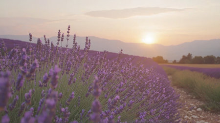A breathtaking view of lavender fields at sunset, showcasing vibrant purple blooms under soft light, evoking tranquility and natural beauty.の素材