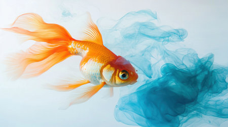 A stunning goldfish glides effortlessly through vibrant swirls of blue watercolor ink. The serene background enhances the fish's vivid colors, creating a tranquil aquatic scene.の素材
