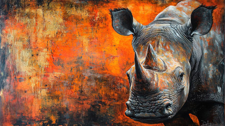 This striking artwork features a close-up of a rhinoceros against a vivid, abstract background. The rich colors and intricate textures highlight the beauty and majesty of this magnificent creature, emphasizing the need for wildlife conservation.の素材