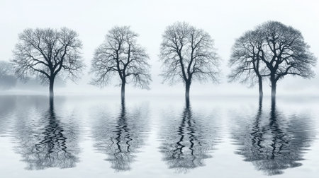 A stunning image showcasing four bare trees reflected on calm water, enveloped in mist, creating a serene and tranquil atmosphere perfect for nature enthusiasts.の素材