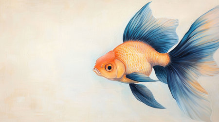 A stunning illustration featuring a goldfish with vibrant blue fins swimming against a soft beige background, perfect for decorative and artistic themes.の素材