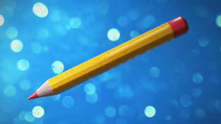 A bright yellow pencil with a red tip floats against a dreamy blue background infused with bokeh effects, embodying creativity and educational themes.の素材