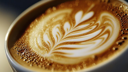 This close-up shot captures a beautifully crafted latte with an intricate foam design, showcasing the artistry and skill of coffee preparation. Perfect for food and beverage themes.の素材